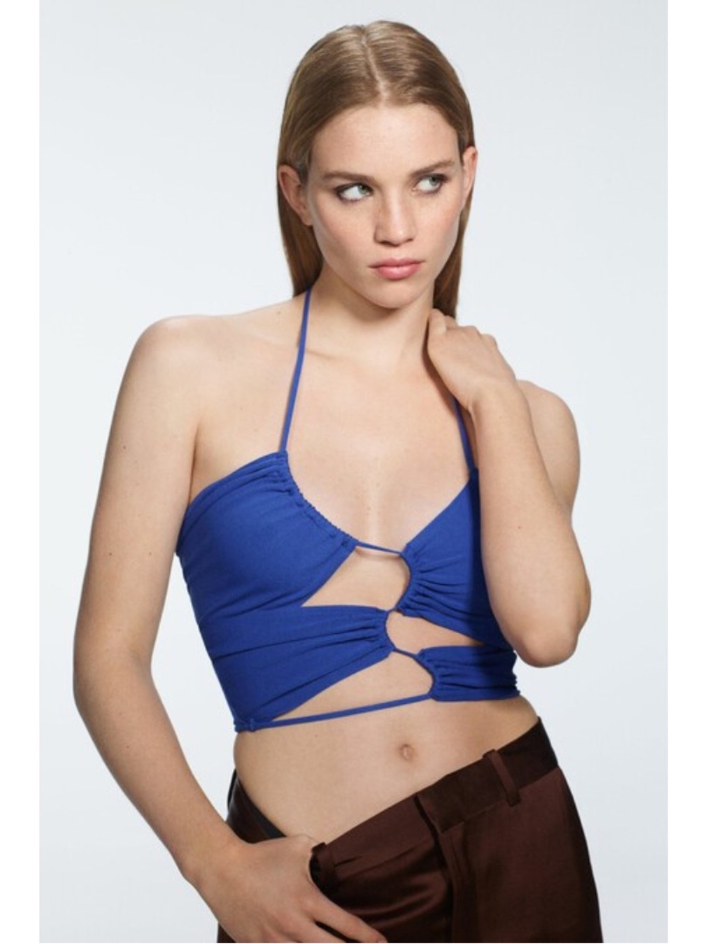 New Zara Halter Knit Top Tiana Asymmetric Sling Crop Size M Royal Blue
